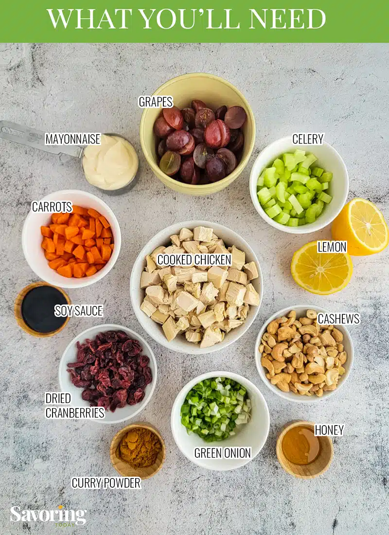 ingredients for curry chicken salad in bowls on a countertop labled