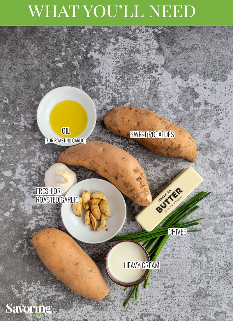 ingredients for mashed sweet potatoes on a grey background labeled