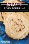 corn tortillas on a blue towel with a pinterest title banner over the top