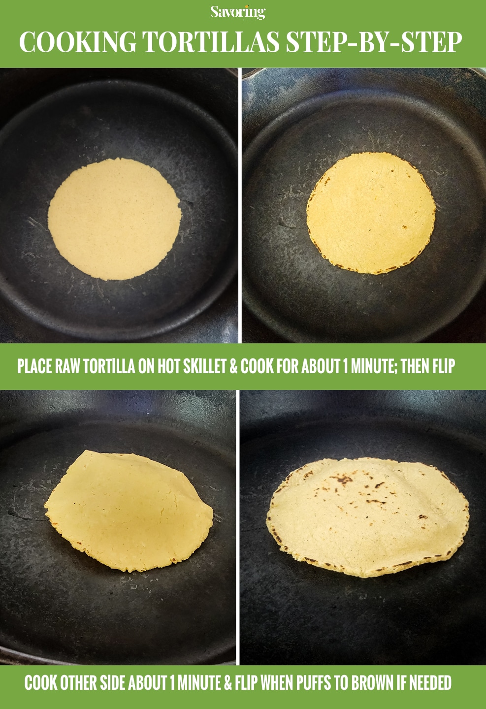 steps showing how to cook a fresh tortilla on a cast iron skillet
