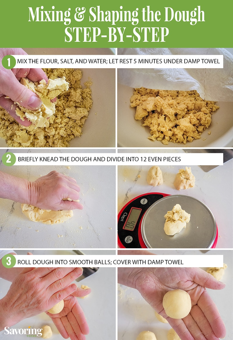 step by step images for mixing and rolling tortilla dough
