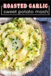 Mashed sweet potatoes in a bowl with a title banner