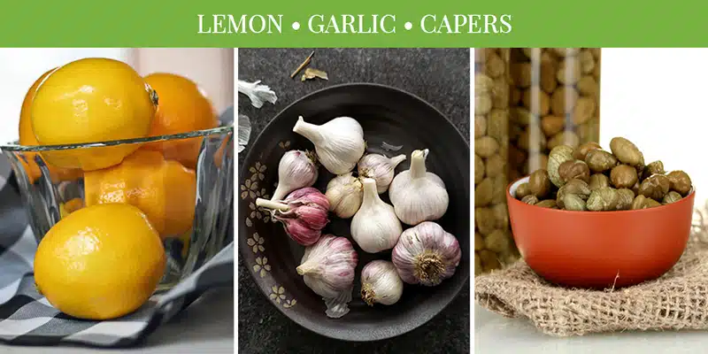collage of lemon, garlic, and capers showing ingredients for chicken piccata