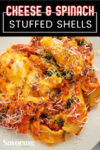 stuffed pasta shells in sauce with Pinterest banner
