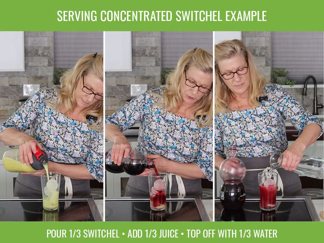 steps showing how to serve concentrated switchel drink by diluting with juice and water