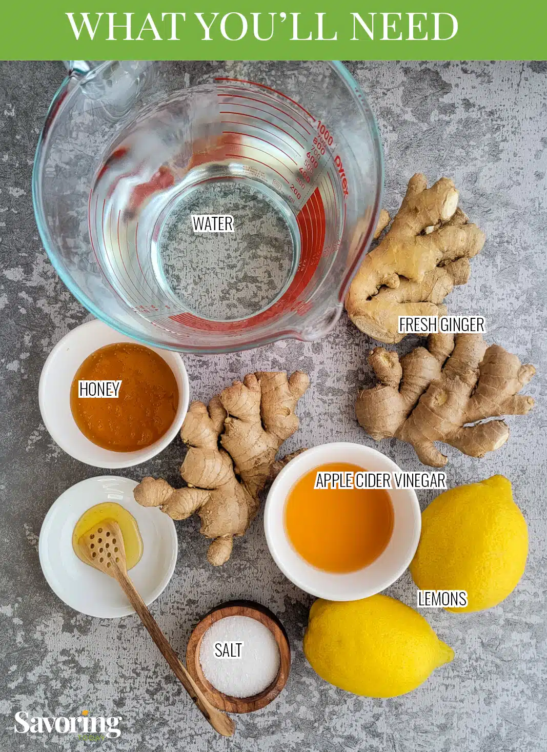 ingredients for switchel drink on a counter with labels