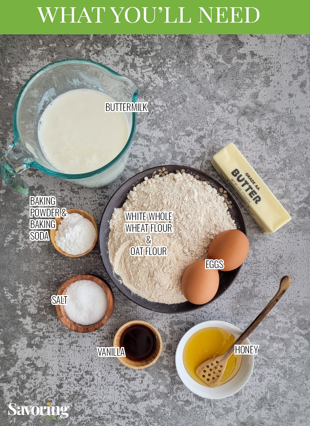 ingredients for whole wheat waffles on a grey counter