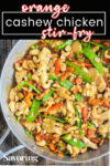 chicken stir fry in skillet with pinterest banner