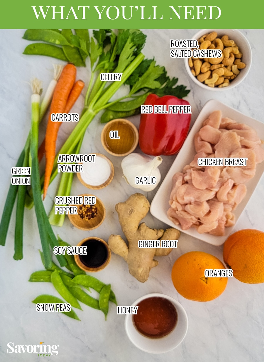 Ingredients for chicken stir-fry laid out on a counter with labels