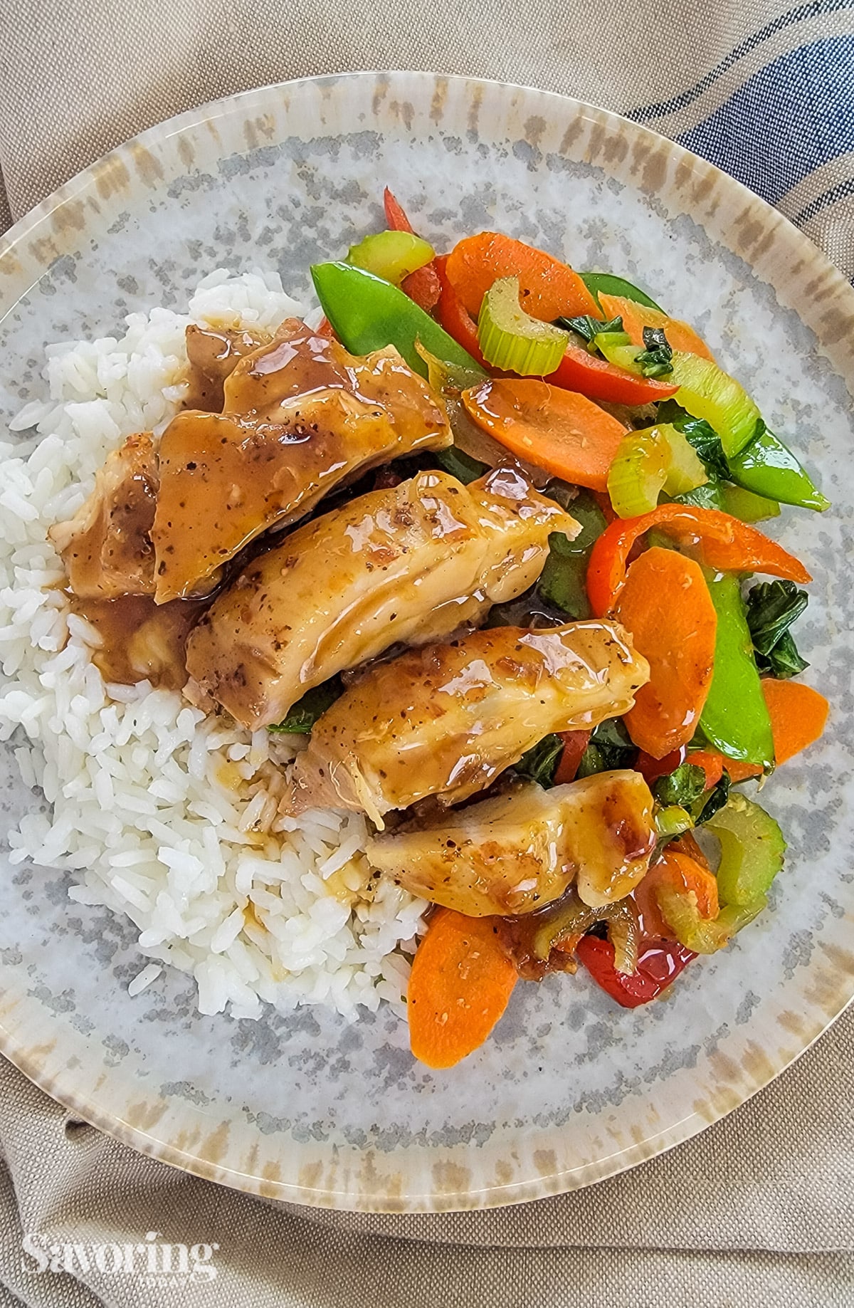 teriyaki chicken, vegetables, and rice on a plate