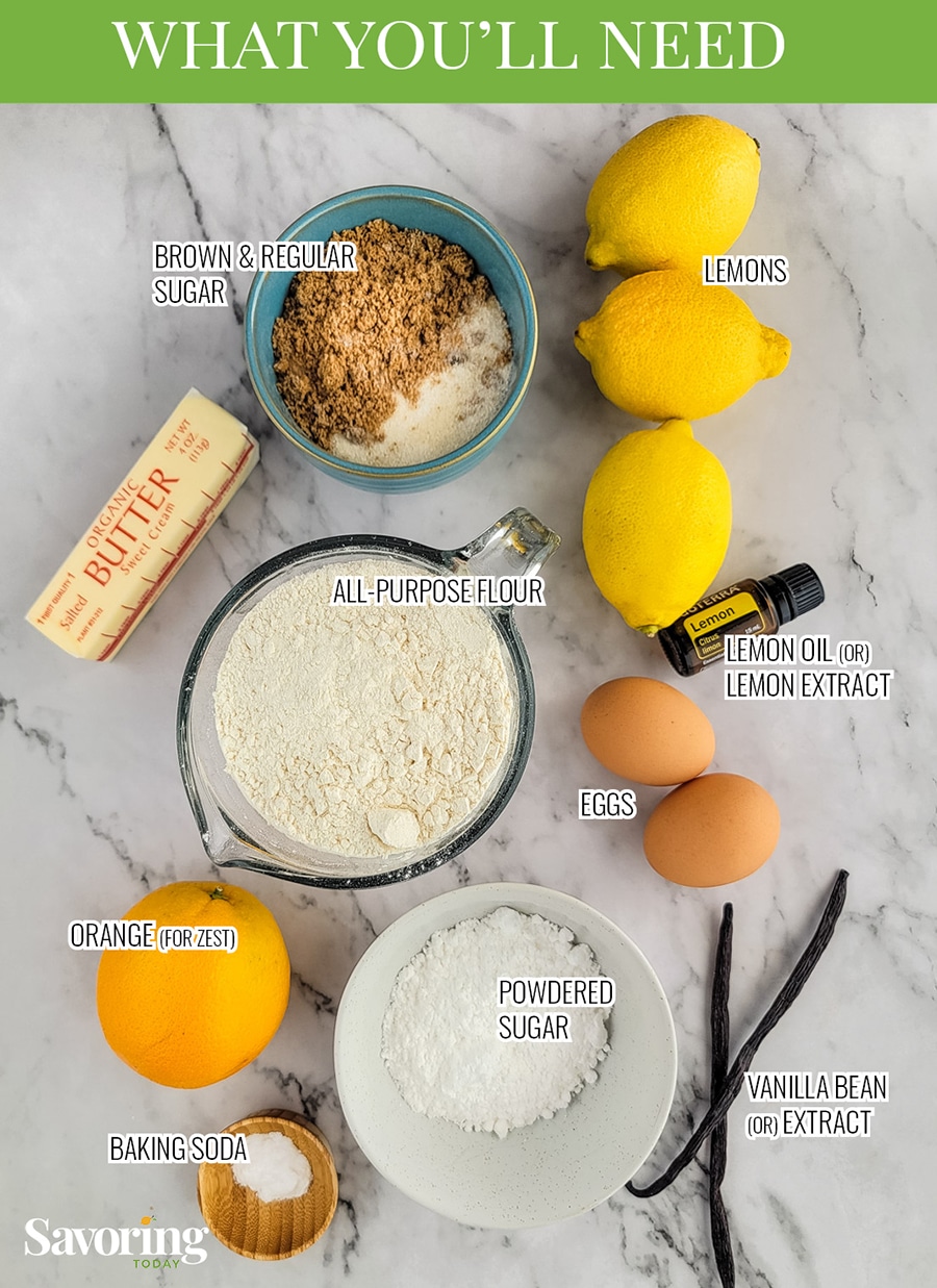 lemon cookie ingredients on a counter labeled