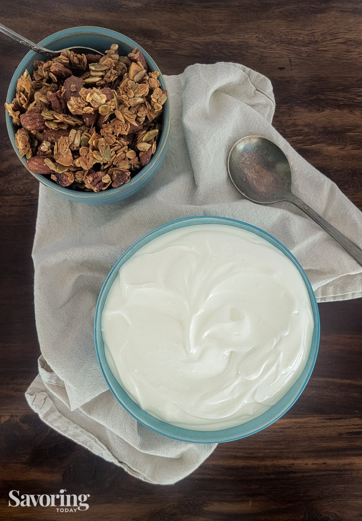 homemade Greek yogurt on a table with granola