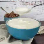 A bowl of yogurt with a spoonful held above it.