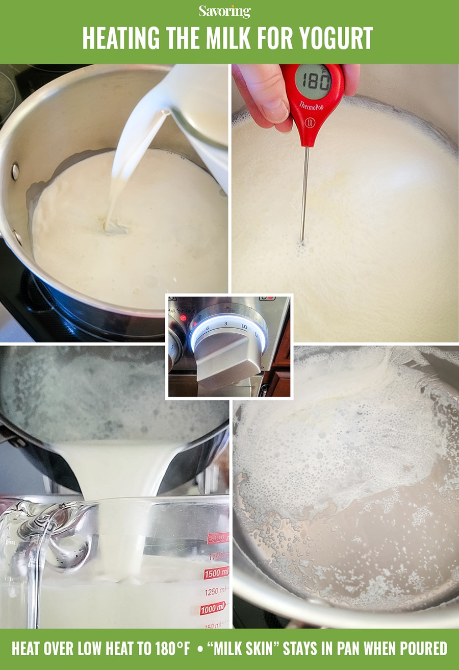 Step by step collage for heating the milk to make yogurt