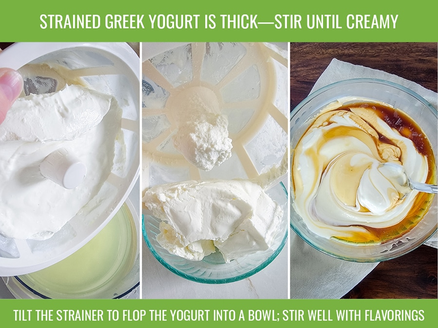 collage of three images showing how to remove strained yogurt from the basket