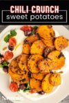 roasted sweet potatoes with a pinterest title banner