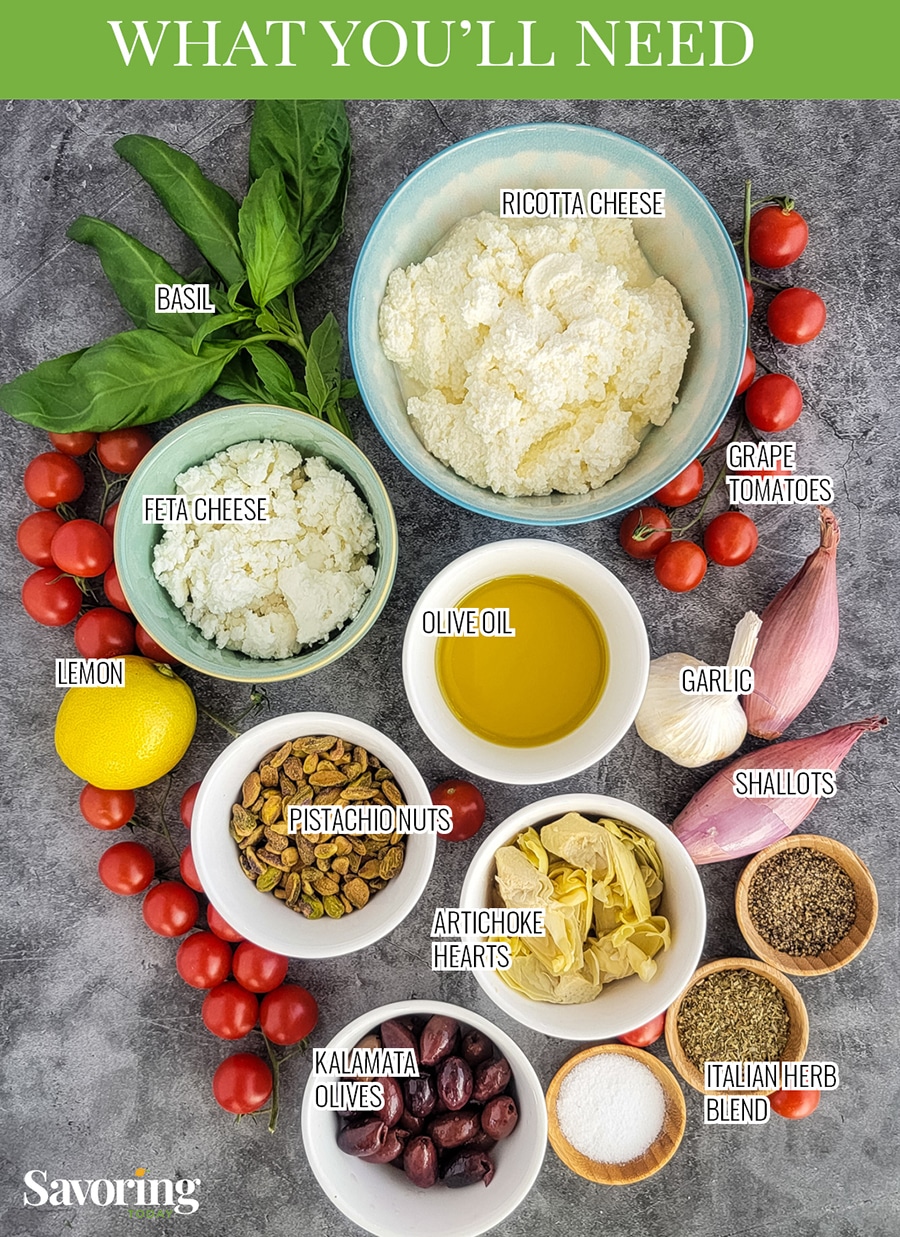 Ingredients for ricotta feta dip on a countertop labeled