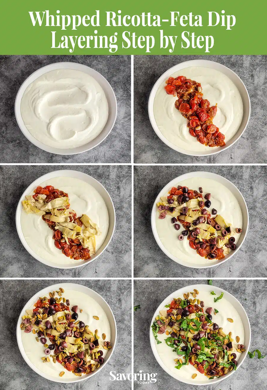step by step guide for layering the garnishes on a cheese dip