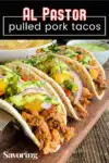 al pastor tacos on wood board with pinterest banner