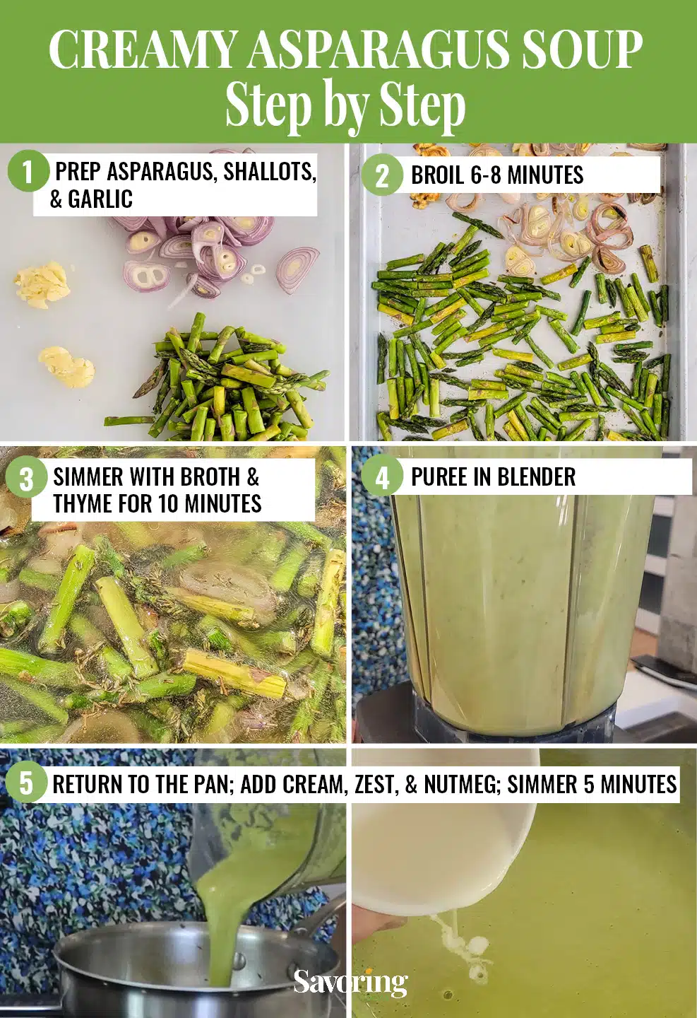 photo collage of steps for making asparagus soup