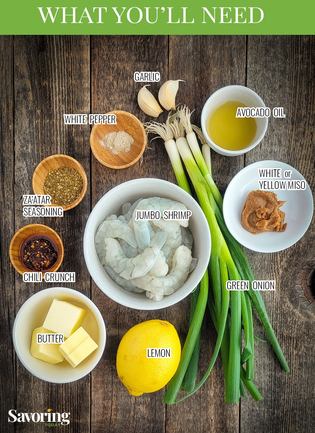 Chili Crunch Shrimp and miso butter recipe ingredients on a wood table