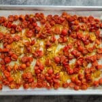 roasted tomato, shallot, garlic medley on a pan fresh from the oven