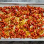 roasted tomato, shallot, garlic medley on a pan fresh from the oven