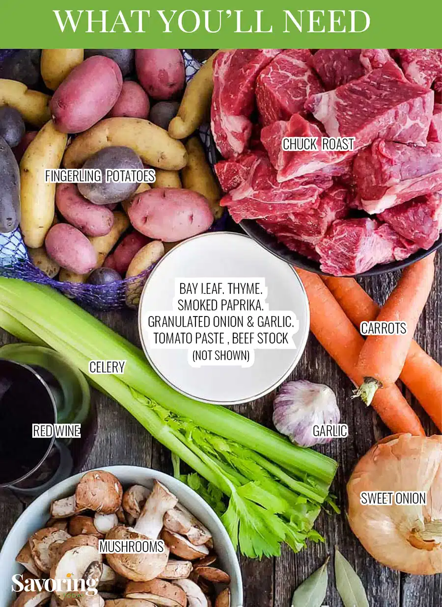 Beef pot roast ingredients laid out on a counter and labeled