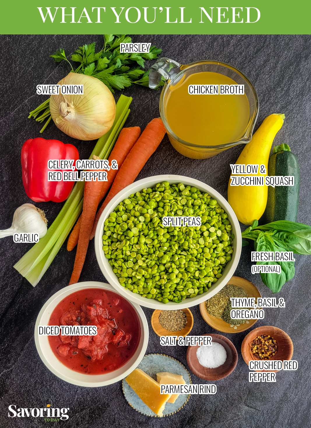 sausage and split pea stew ingredients laid out on a counter
