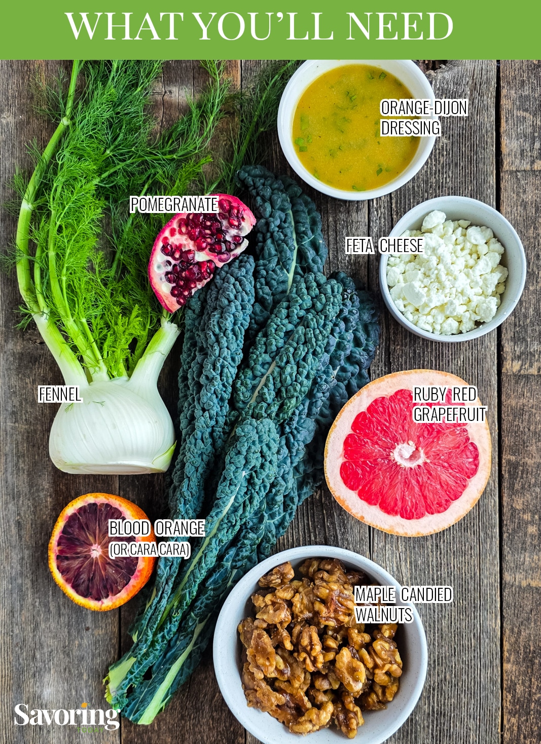 winter citrus salad ingredient on a wood table with labels