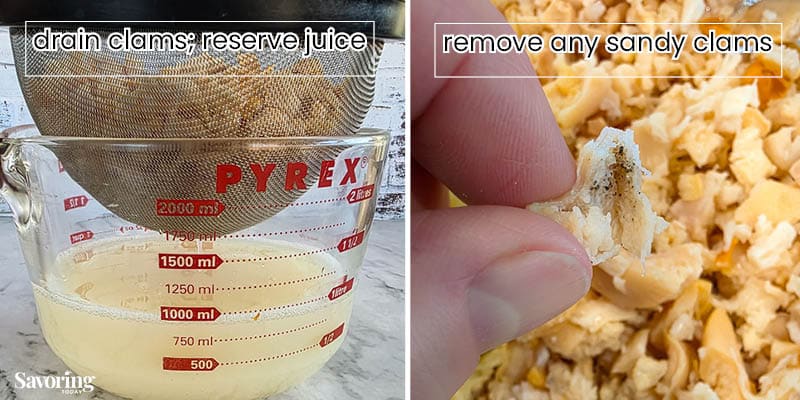 collage showing draining and sorting canned clams