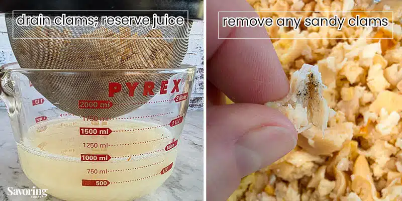 collage showing draining and sorting canned clams