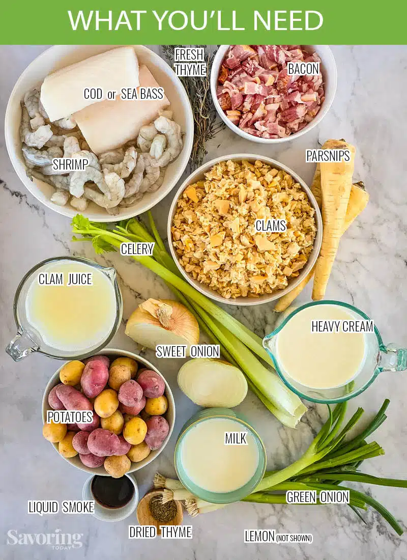 seafood chowder recipe ingredients on a countertop labeled