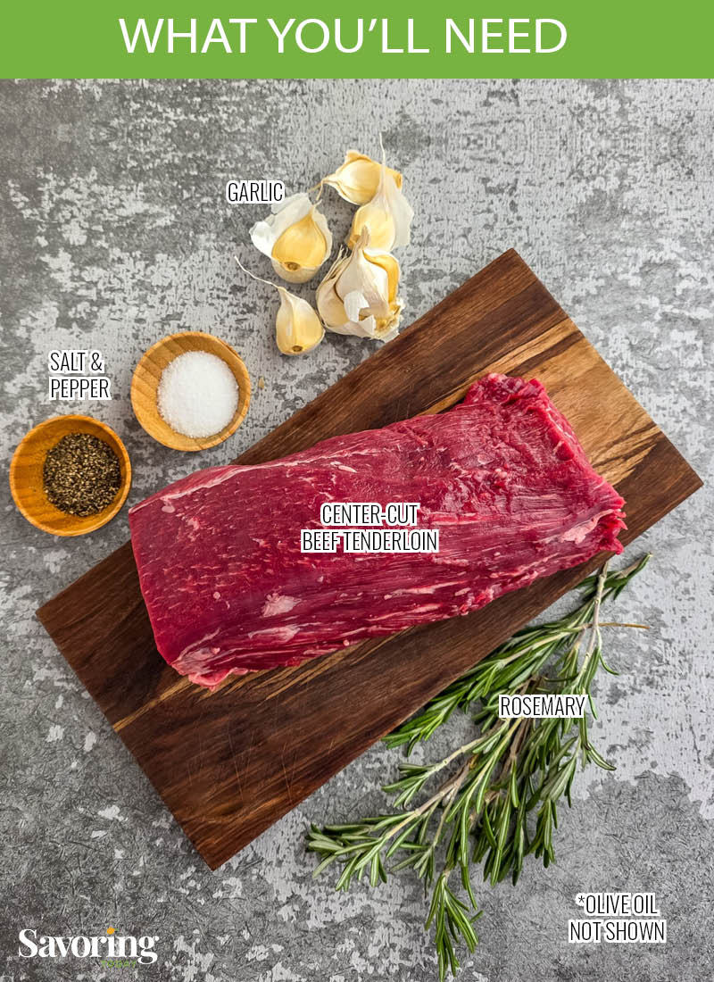 Grilled or roasted beef tenderloin with marinade ingredients labeled on a counter