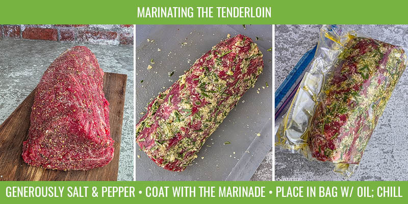 steps for marinating Beef tenderloin with garlic, rosemary, and olive oil