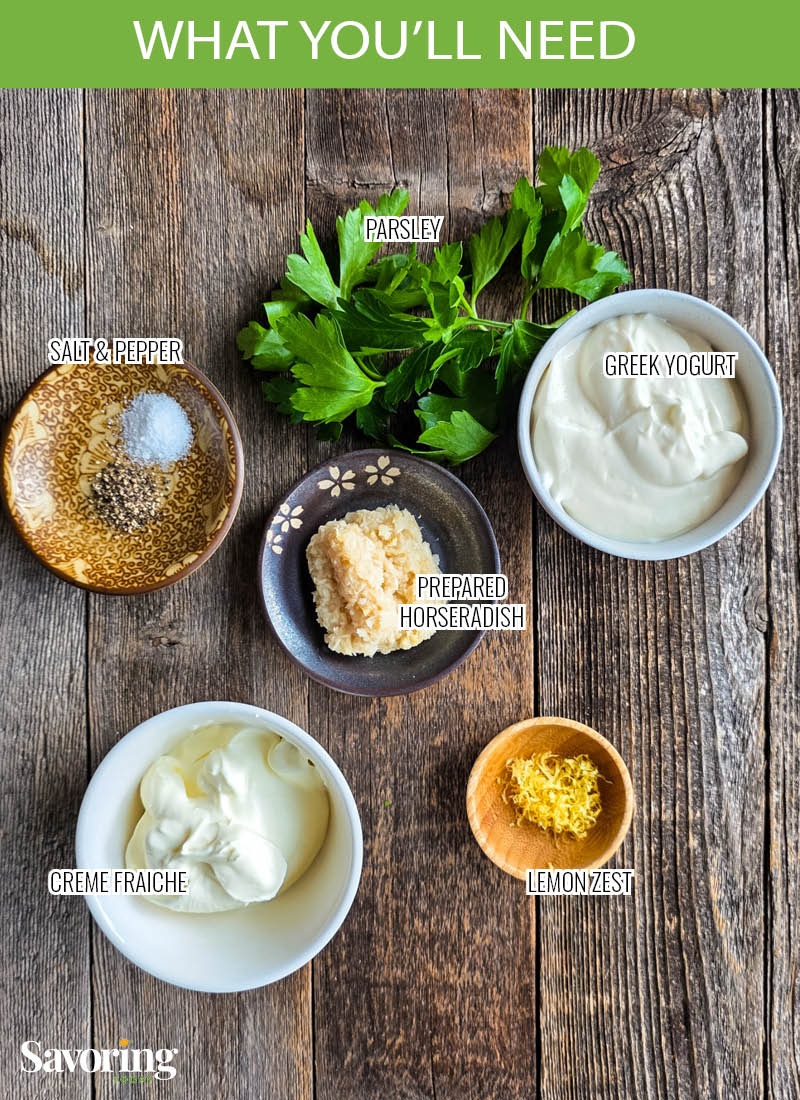 Creamy Horseradish Yogurt sauce ingredients on a wood table labeled
