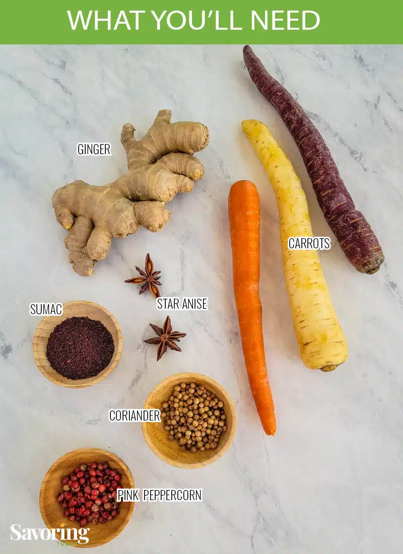 ingredients for ginger pickled carrots on a counter with labels
